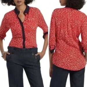 Anthropologie Red Dot-Print Button-Down Blouse with Black Trim